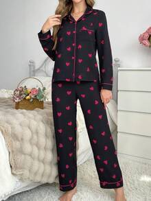 Contrast Trim Collared Button Down Ruffled Heart Sleepwear Pajama Set, Fall Winter Clothes