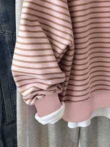 Resyla Korean Style Fashionable Versatile Colorful Striped Pattern Sweatshirt, Suitable For Outerwear, Photography, Camping, Autumn, Winter, Back To School, Women's Regular Crew Neck