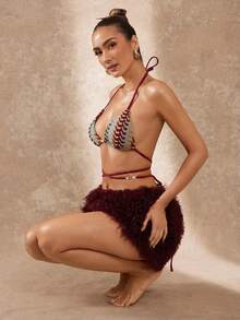 Lumalex Women's Burgundy Luxury Hand-Woven Textured Triangle Bikini Set,Adjustable Halter Neck,Wrap-Around Waist Tie,High-Cut Brazilian,Boho Summer Holiday - Multicolor - View 5