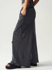Bohemela Women's Casual Solid Color Knit Loose Wide-Leg Washed Pants - Grey - View 4