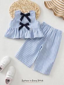 Cozy Pixies 女婴条纹无袖上衣和宽松休闲裤两件套 - 藍白色 - 查看 3