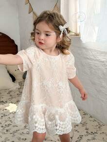 LMoss Kids 女婴圆领泡泡袖花卉刺绣网纱可爱连衣裙 - 白色 - 查看 9