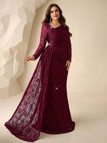 Coutiva Đầm dạ hội cỡ lớn mùa thu đông thanh lịch với ren, đính sequin và thêu, cổ áo bất đối xứng (gia công tỉ mỉ), tay dài, thiết kế xếp ly ở gấu váy, dáng đuôi cá, thích hợp cho tiệc tối trang trọng, dự đám cưới, dạ hội, lễ tốt nghiệp, lễ nhập học. - Màu Đỏ Sâu - Xem 7