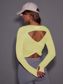 Eassivo Eassivo Women's Lime Green Long Sleeve Active Top,Crisscross Cut-Out Open Back Gym Top,Summer Athleisure Running Fitness Yoga Sports T-Shirt,Workout Shirt - Yellow - View 2