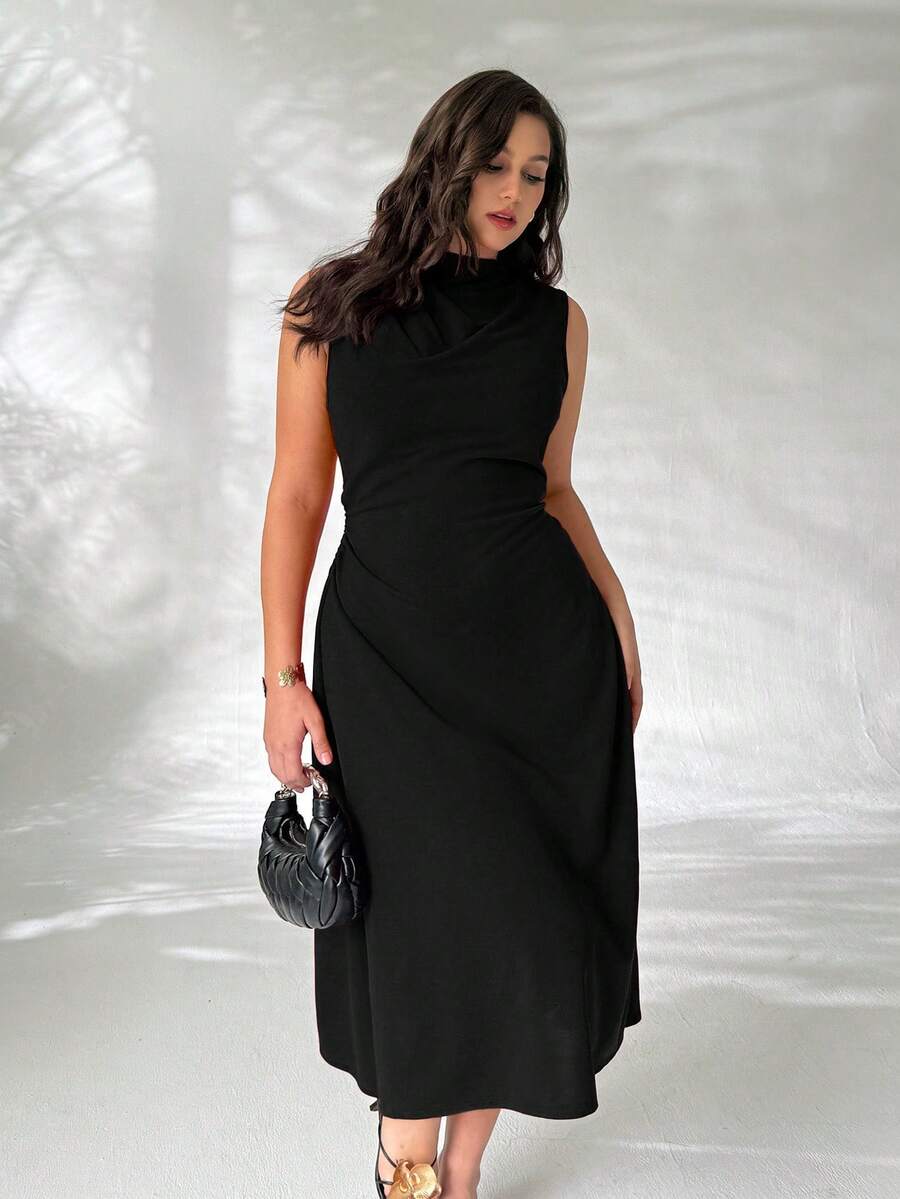 Firerie 女士优雅简约精致浪漫甜美日常通勤婚礼派对音乐节度假褶皱A字迷你连衣裙，红色吊带 - 黑色 - 查看 1