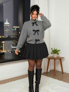 Elenzga Sweater Leher Bulat Wanita Ukuran Besar dengan Hiasan Pita - Grey - View 3