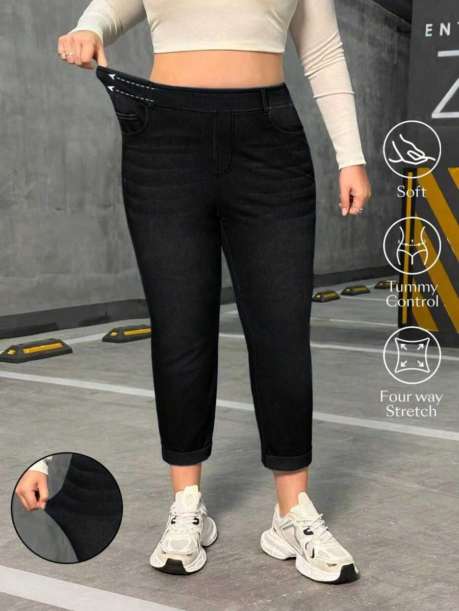 Flexra Quần jean ống đứng dệt kim dáng rộng dành cho nữ cỡ lớn - màu đen - Xem 1