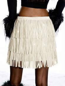 LYSMO Chân váy ngắn tua rua đính sequin gợi cảm mới dành cho nữ, thích hợp cho các bữa tiệc, tiệc đêm retro gợi cảm, trang phục Halloween, năm mới, mùa xuân/hè. - Màu be - Xem 2