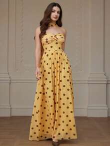 Aveloria Rosie 复古波点印花网纱扭结装饰连衣裙，配腰带，优雅法式浪漫女装 - 彩色 - 查看 4