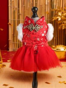 PETSIN 1件猫/狗服装，秋冬加厚红色节日新年服装，宠物公主风连衣裙