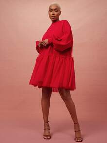 Vixey 红色落肩灯笼袖衬衫裙，配薄纱罩衫 - 紅色 - 查看 4