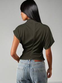 MISSGUIDED Mock Neck Short Sleeve Fitted Top With Relaxed Upper Body Design For Casual Everyday Wear - Army Green - View 2