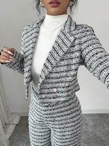 Modelyn 女款優雅灰色秋季辦公室穿著梭織粗花呢兩件套，長袖翻領夾克開襟衫與寬腿直筒褲休閒套裝 - 黑色 - 查看 3