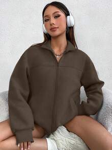 Flirla 女士纯色落肩长袖拉链休闲卫衣 - 棕色 - 查看 5