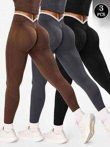 Velisys 3条装女士黑色、深咖啡色、深灰色紧身V腰运动裤 - 彩色 - 查看 1