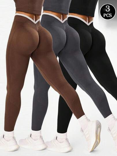 Velisys 3条装女士黑色、深咖啡色、深灰色紧身V腰运动裤