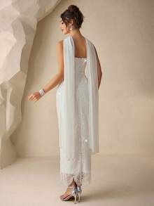 Coutiva Elegant And Sexy Strapless Backless Suspender Dress With Fan-Shaped Pearl Ribbon Design And Bodycon Straight Hem, Suitable For Birthday Party Dresses, Music Festival Dresses, Valentine's Day Dresses, Graduation Ceremony Dresses, Cocktail Parties, Parties, Dinner Dresses, Gatherings, And Daily Wear. Pearl Dress Glamorous Dress Elegant Dresses Luxury Dresses Gowns - White - View 3