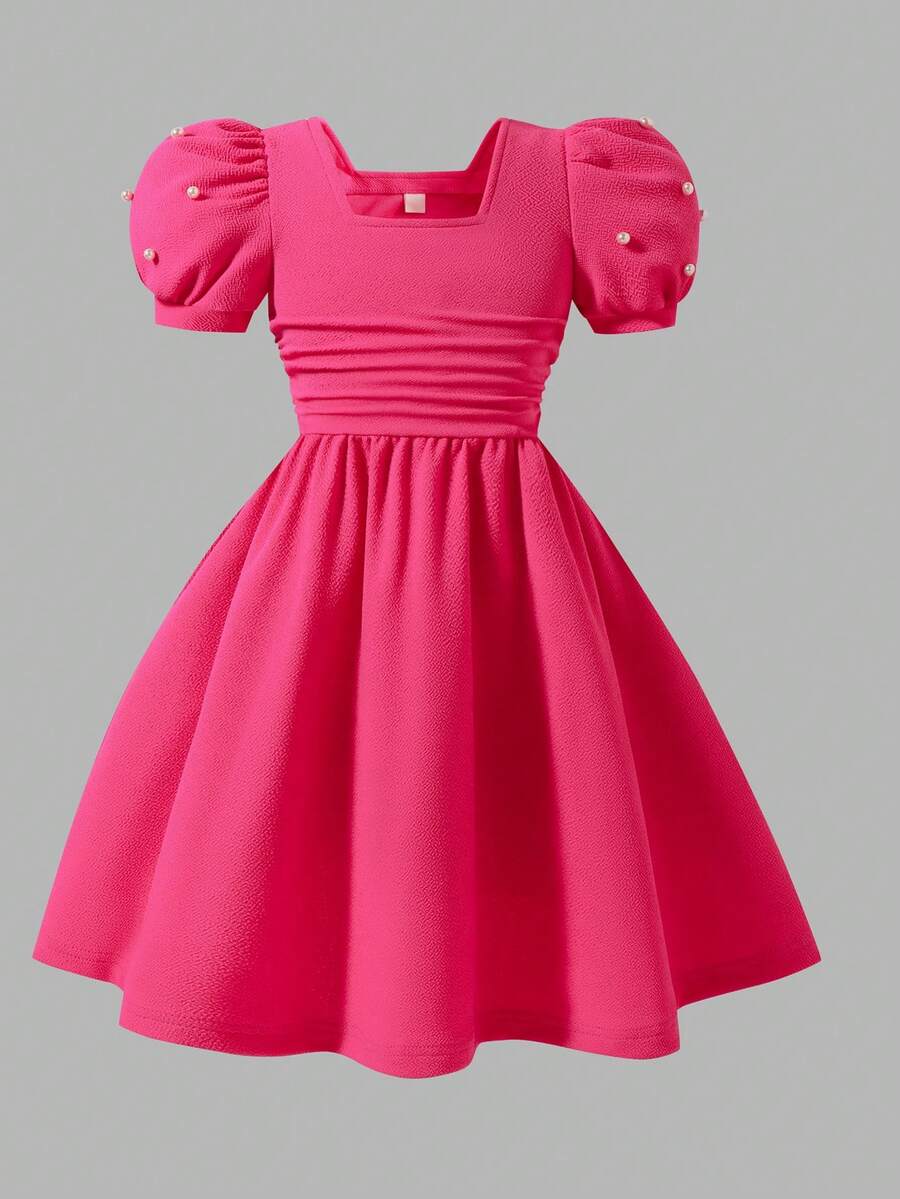 Mädchen elegantes strukturiertes Stoff Quadrat Kragen Puffärmel Perlen Strickkleid, Rot, vielseitig für formelle Anlässe, Meetings, Partys, Tänze, Freizeitbekleidung, Neu Frühling/Sommer/Herbst/Winter, geeignet für Weihnachtsfeier, Zusammenkünfte - Heißes Pink - Übersicht 1