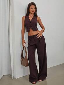 Aloruh Bộ vest công sở màu nâu đậm dành cho nữ, gồm áo vest và quần tây, kiểu dáng đơn giản. - màu nâu - Xem 3