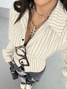 StreetHx 女士复古条纹修身衬衫 - 杏色 - 查看 3