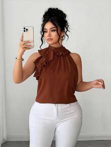 Elenzga Blusa elegante de cuello halter con volantes y unicolor para mujer de talla grande - Marrón - Ver 4