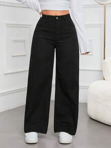 SHEIN EZwear Quần denim ống rộng cạp cao, dáng rộng, dễ mặc, đa năng cho nữ - màu đen - Xem 3