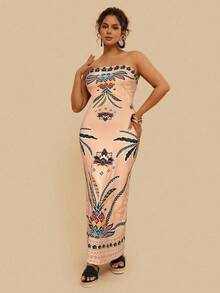 Travachic 大码女士热带印花无肩带连衣裙，弹力针织长裙，适合夏季度假 - 杏色 - 查看 5