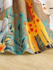 SHEIN 1pc Baby Girls' Lapel Button Sleeveless Denim Print Cartoon Animal Pattern Cute Fashionable Versatile Retro Light Blue Casual Sundress With Fake Pockets, Summer New Arrival - Camel - View 3