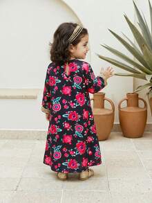 Toddler Girls' Long Sleeve Floral Print Gold Trim Dress, Middle Eastern Style, Elegant & Delicate, Spring/Autumn Dress Baby Girl Toddler Girl Long Sleeve Dress Toddler Long Sleeve Dress Girls Dress - Black - View 2