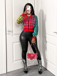 BamGleam 女士格子撞色拉链棒球领休闲百搭度假长袖外套 - 彩色 - 查看 7