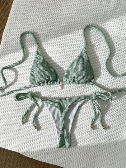 Swim Mod Women's Jacquard Fabric Halter Metal Decor Sexy Bikini Set, Summer