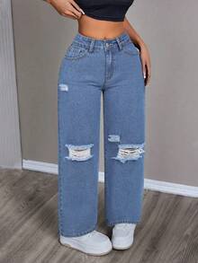SHEIN PETITE Quần jeans nữ màu trơn, thích hợp mặc hàng ngày. - Rửa nhẹ - Xem 3