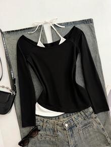 Glimmora 女士Y2K风格休闲日常通勤打结吊带长袖两用T恤，春秋季 - 黑與白 - 查看 8