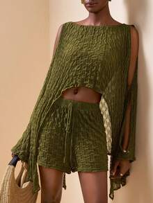 Zivah 女士蝙蝠袖上衣和抽绳腰短裤休闲优雅度假沙滩罩衫套装 - 軍綠色 - 查看 7