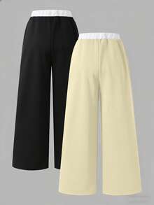 SHEIN 2 chiếc quần nỉ cỡ lớn dành cho bé gái, kiểu dáng thường ngày, đa năng, in họa tiết đường phố, ống rộng, cạp quần phối màu tương phản, thích hợp cho mùa Thu/Đông. - Nhiều màu - Xem 2