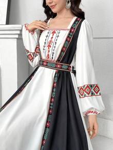 SHEIN 少女方领长袖休闲印花梭织连衣裙 - 白色 - 查看 7