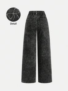 SHEIN Teen Girl All-Match Casual Versatile Butterfly Rhinestone Embellished Straight Leg Stone Wash Elastic Waist Wide Leg Jeans Teen Bow Pants