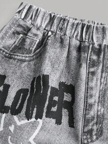 SHEIN Girlism 少女休闲街头风修身不对称下摆长袖上衣搭配宽松阔腿牛仔印花涂鸦图案裤子两件套，返校季，甜美酷炫女孩，时尚个性 - 白色 - 查看 4