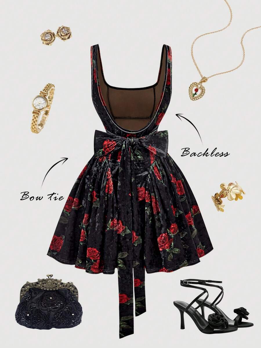 SHEIN MOD Rochie din catifea cu imprimeu floral, fără spate, cu papion - Multicolor - Vizualizare 1