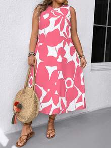 EMERY ROSE Plus Size Colorblock Print Round Neck Sleeveless Dress - Pink - View 1