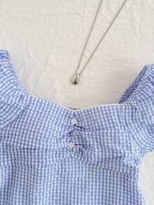 SHEIN Teen Girl Plaid Casual Versatile Vacation Puff Sleeve Shirt - Blue - View 6