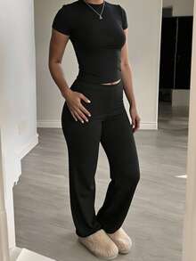 INAWLY Solva Bộ 2 áo thun dài tay màu trơn cho nữ và quần cạp rút dây cho bộ đồ thường ngày - màu đen - Xem 5