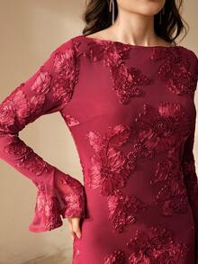 Anewsta Abito corto elegante rosso con maniche a sbuffo in rete, con lacci e ricami, adatto per eventi di matrimonio, autunno - Bordò - Visualizzare 2