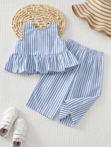 Cozy Pixies 女婴条纹无袖上衣和宽松休闲裤两件套 - 藍白色 - 查看 2