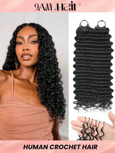 Boho Braids Human Crochet Hair In 100% Remy Human Hair Feather Line Crochet Hair Braids Salon Silky Seamless Invisible Natural Black Color For Thin Hair Woman Micro Pre Looped Crochet Human Hair Deep Wave Extensions