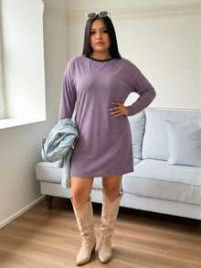 SHEIN LUNE 大码女士休闲条纹圆领长款T恤裙，秋季情人节女士连衣裙，商务休闲女士度假装，端庄连衣裙，机场装，波西米亚风连衣裙，度假装，夜店装，热带风情连衣裙，春夏生日装，狂欢节装 - 彩色 - 查看 1