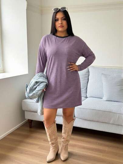 SHEIN LUNE Plusstorlek kvinnor casual randig rund hals lång t-shirtklänning, höstklänningar för alla hjärtans dag för kvinnor affärscasual kvinna semesterkläder kvinna, modesta klänningar för kvinnor, flygplatsoutfit för kvinnor, boho klänning kvinnor, resortkläder kvinnor, klubbklänning, tropisk klänning, vår-/sommarfödelsedagsklänningar för kvinnor Mardi Gras