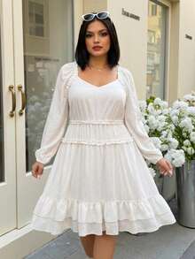 SHEIN LUNE Plus Size White Sweetheart Collar Long Sleeve Pleated Ruffle Hem Dress,Autumn Curve Party Women's Clothing,Casual Holiday Essentials,Country Outfit - Beige - View 1