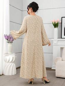 Yasmyna Women's Apricot Woven Floral Embroidered Collar Scalloped Hem Elegant Arabic Style Dress, Spring/Summer - Apricot - View 2