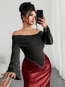 Elenzga 大码女士优雅露肩长袖连衣裙，珍珠腰部荷叶边设计，高腰修身剪裁，撞色点缀，适合生日派对、正式场合、约会、婚礼等场合。 - 酒紅色 - 查看 7